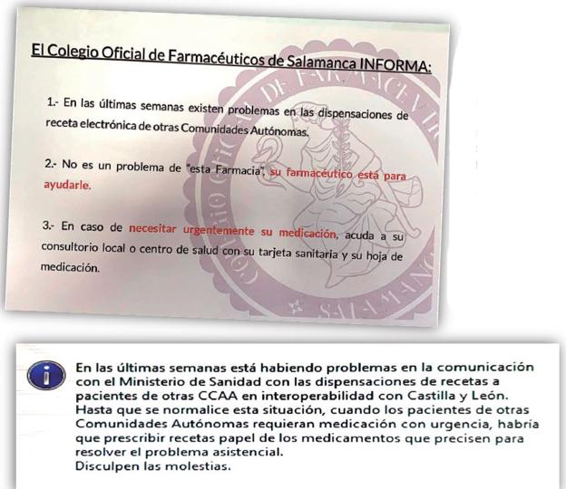 Dos de los avisos. Arriba, el Colegio de Salamanca indica al cliente los pasos a seguir y exculpa a la oficina. Debajo, mensaje en Medora.