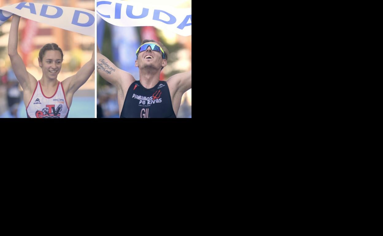 Los ganadores del Triatlón Ciudad de Valladolid en su llegada a meta.