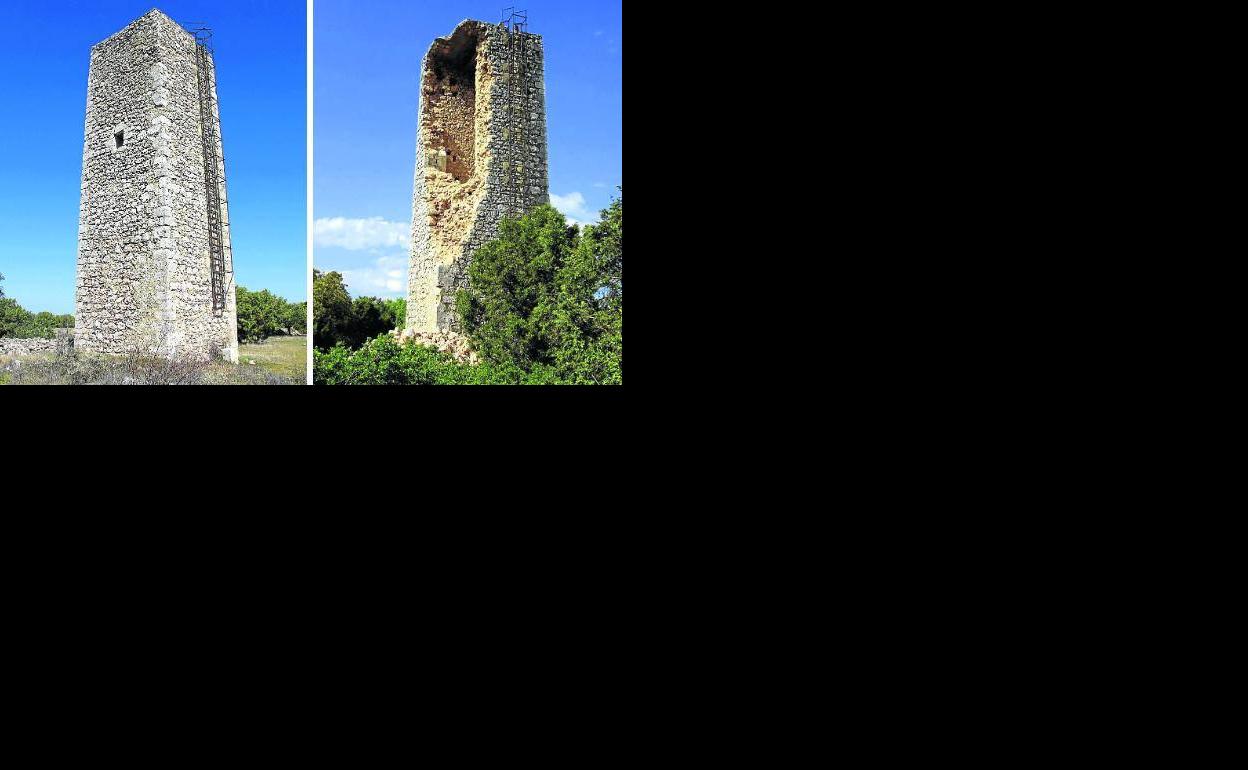El Torreón de Greda antes y después del derrumbamiento. 