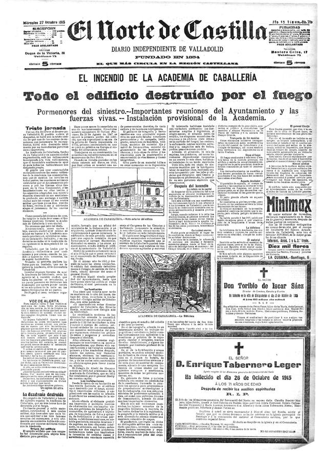 Conocida popularmente como 'el octógono' por su peculiar forma, fue pasto de un terrible fuego en la madrugada del 26 de octubre de 1915 | Las obras de construcción de la nueva Academia comenzaron en el cuarto trimestre de 1920 | El 4 de mayo de 1921, los reyes de España, Alfonso XIII y Victoria Eugenia, asistían a la colocación de la primera piedra y protagonizaban una ceremonia multitudinaria en la explanada del Campo Grande 