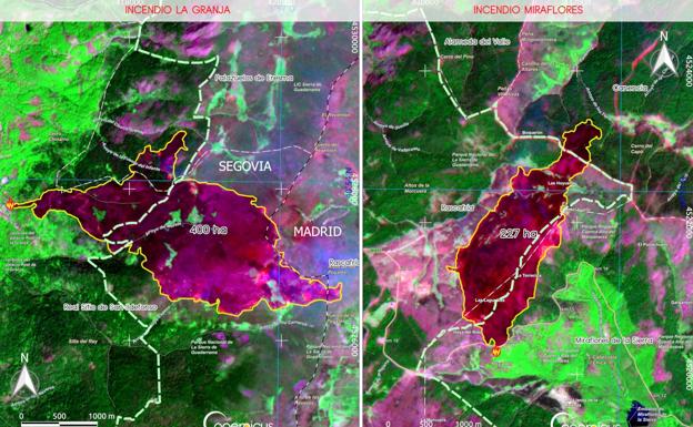 Imagen del satélite Copérnico de los dos incendios del Sistema Central y la superficie calcinada.