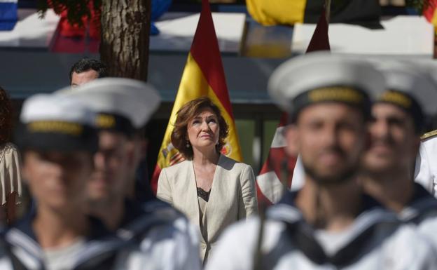 Carmen Calvo, este sábado en Sevilla durante los actos conmemorativo de la primera vuelta al mundo.