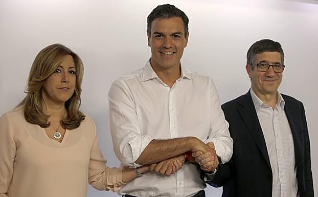 Susana Díez, Pedro Sánchez y Patxi López, en las primarias del PSOE de 2017.