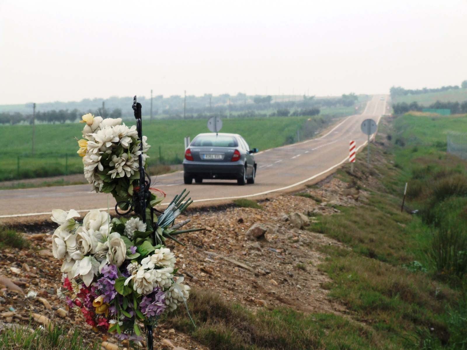 Unas flores junto a una carretera extremeña donde se produjo un accidente mortal.