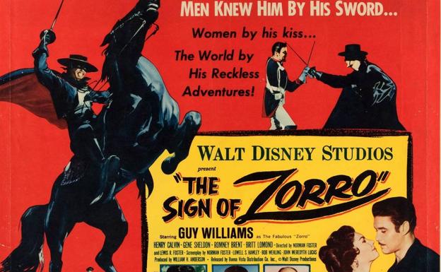 Imagen principal - Arriba, la adaptación televisiva de 1957. Abajo, a la izquierda, portada de la revista donde aparece por primera vez una aventura del Zorro; a la derecha, cartel de la película de 1920 