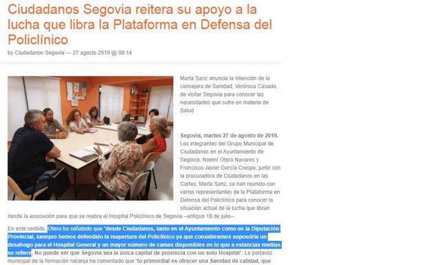 Captura de la web de Ciudadanos Segovia con la información del 27 de agosto de la reunión de dirigentes de Cs con la plataforma de defensa de Policlínico. 