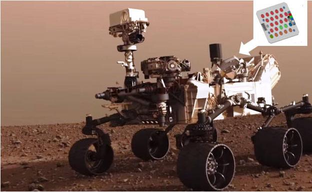 Imagen principal - Simulación que indica dónde irá colocado el nuevo sistema de calibración, más completo, en el Rover. Debajo, sobre estas líneas, la tarjeta instalada en el anterior vehículo, el Curiosity, y su ubicación en él. 