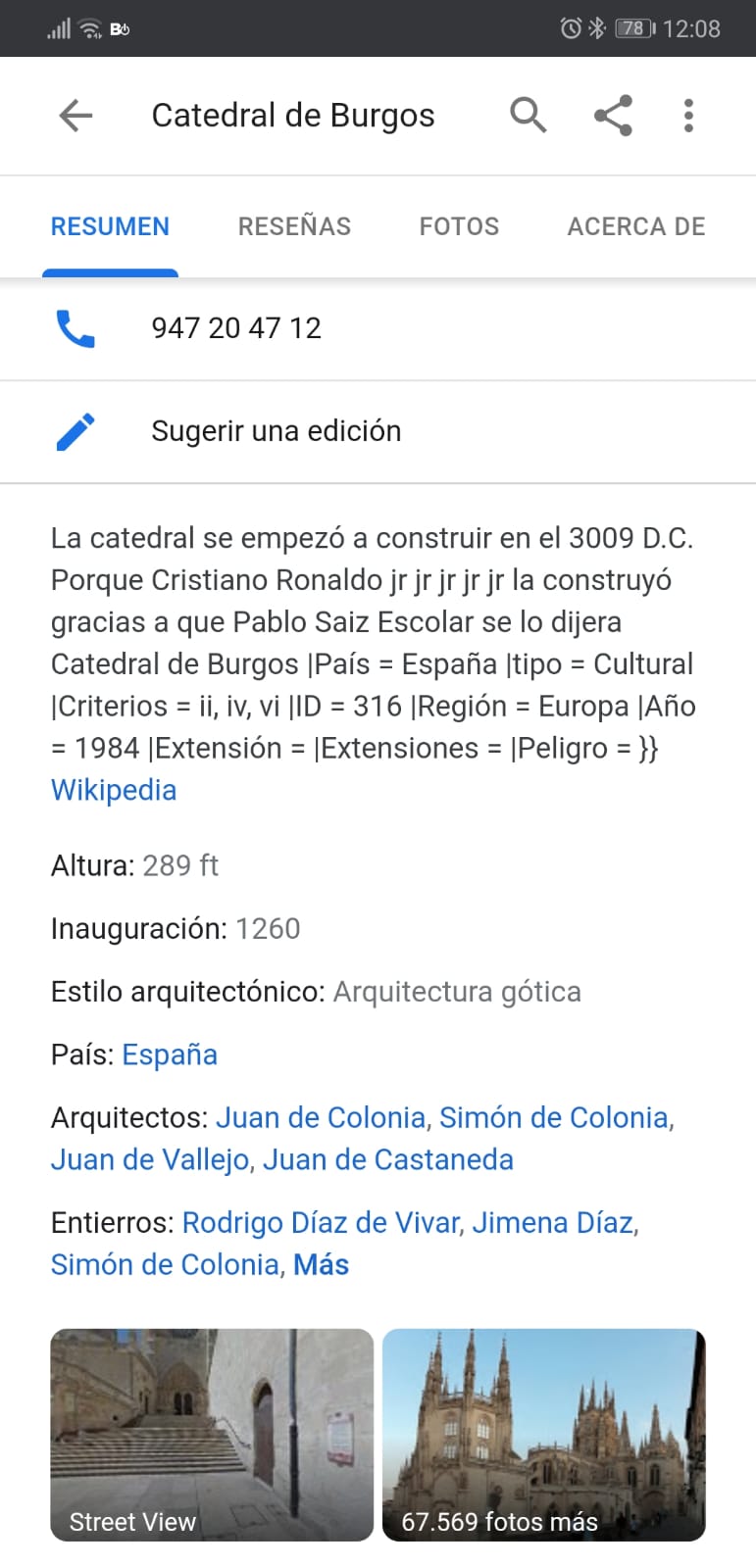 Captura de la descripción que figura en Google