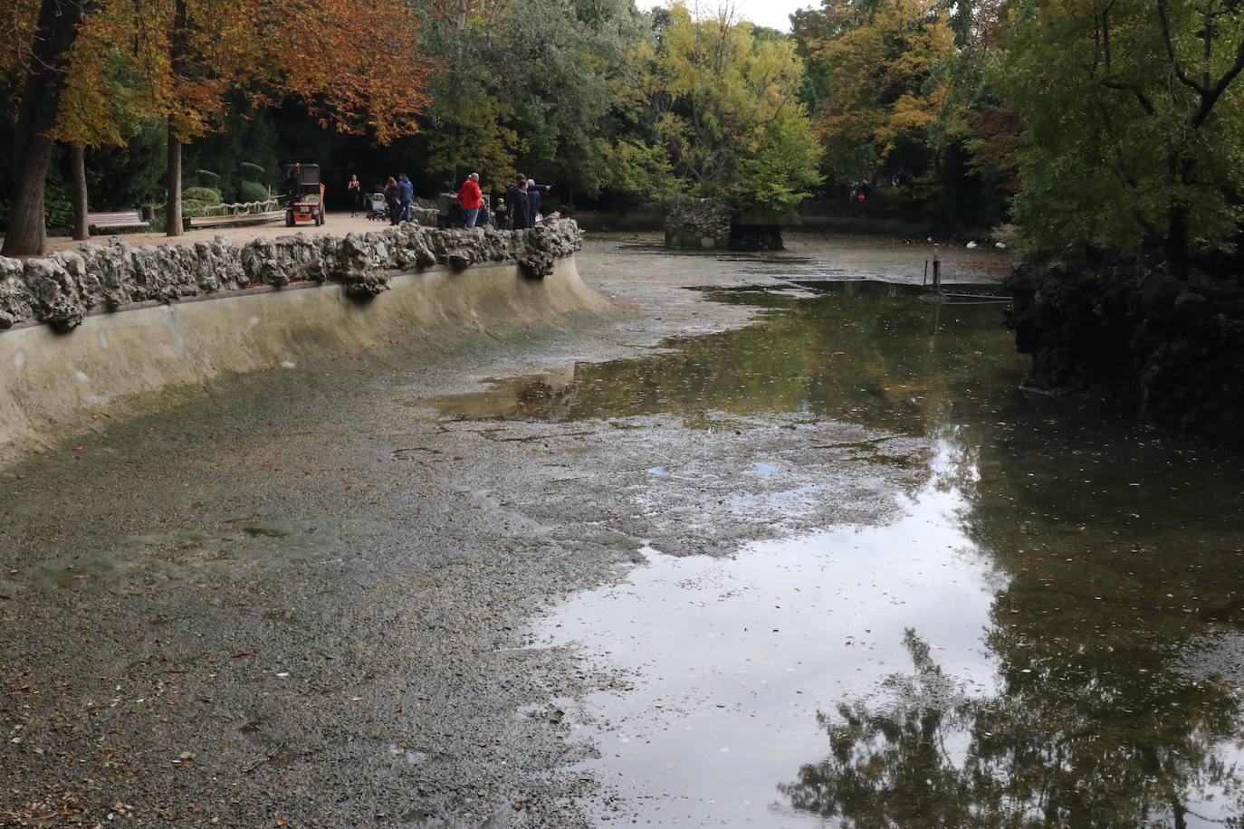 Los operarios vacían el canal, una vez despejado el estanque, ante la curiosa mirada de familias y paseantes y el apiñamiento de los habitantes acuáticos del parque.