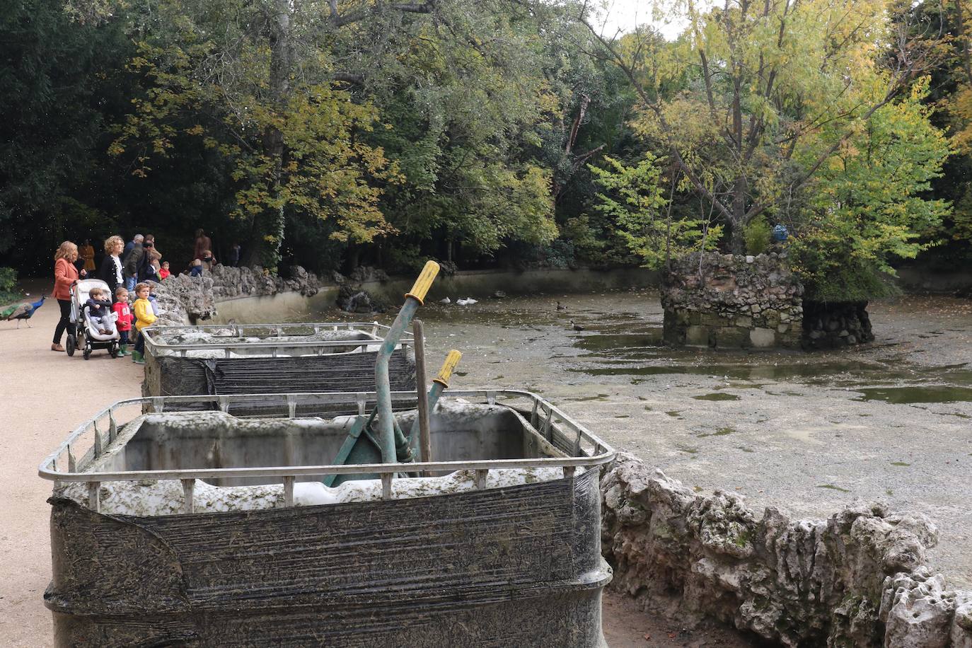 Los operarios vacían el canal, una vez despejado el estanque, ante la curiosa mirada de familias y paseantes y el apiñamiento de los habitantes acuáticos del parque.