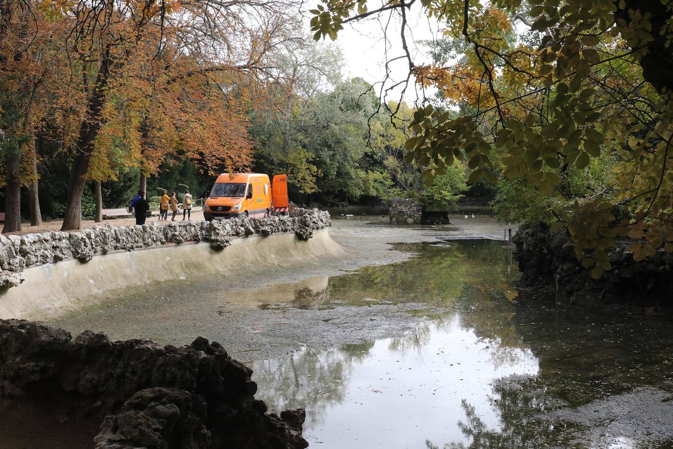 Los operarios vacían el canal, una vez despejado el estanque, ante la curiosa mirada de familias y paseantes y el apiñamiento de los habitantes acuáticos del parque.