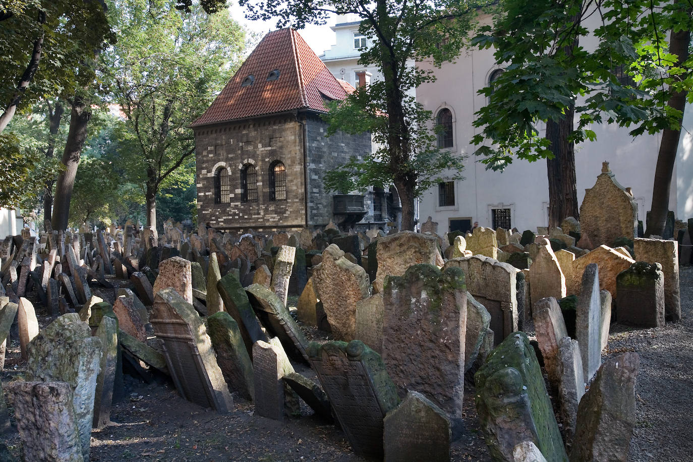 Cementerio judío de Praga | Las lápidas de piedra se amontonan unas encima de otras de forma desordenada, a causa de una vieja norma judía que impide eliminar las antiguas tumbas. Así, entre los siglos XV y XVIII se fueron realizando unos enterramientos sobre otros hasta alcanzar incluso doce niveles en algunos puntos.