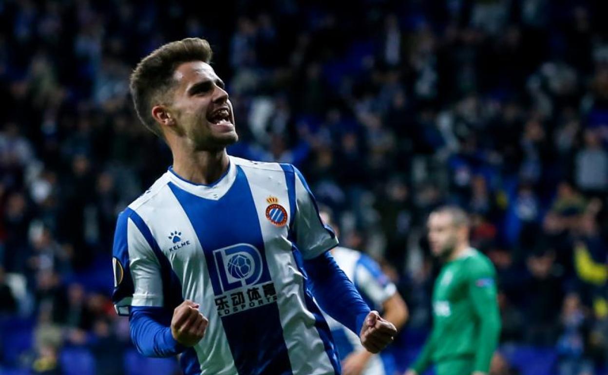 Óscar Melendo celebra un gol con el Espanyol ante el Ludogorets.