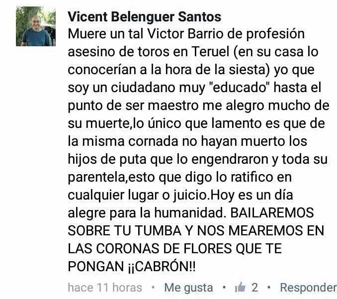 Captura del mensaje en el perfil de Vicente Belenguer sobre la muerte de Víctor Barrio. 