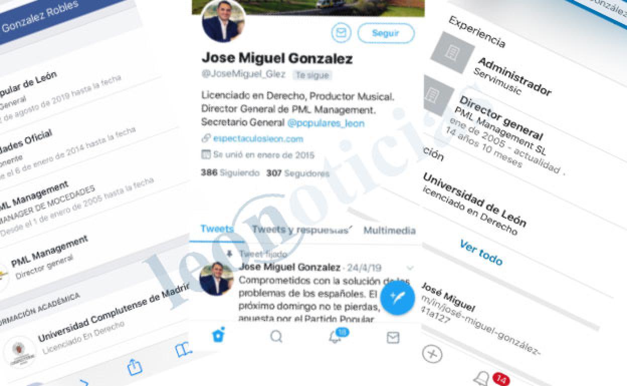 Redes sociales en las que el secretario general del PP de León mostraba su titulación en Derecho.