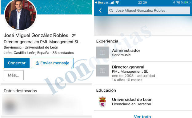 José Miguel González, en LinkedIn; a la derecha, su titulación en Derecho.