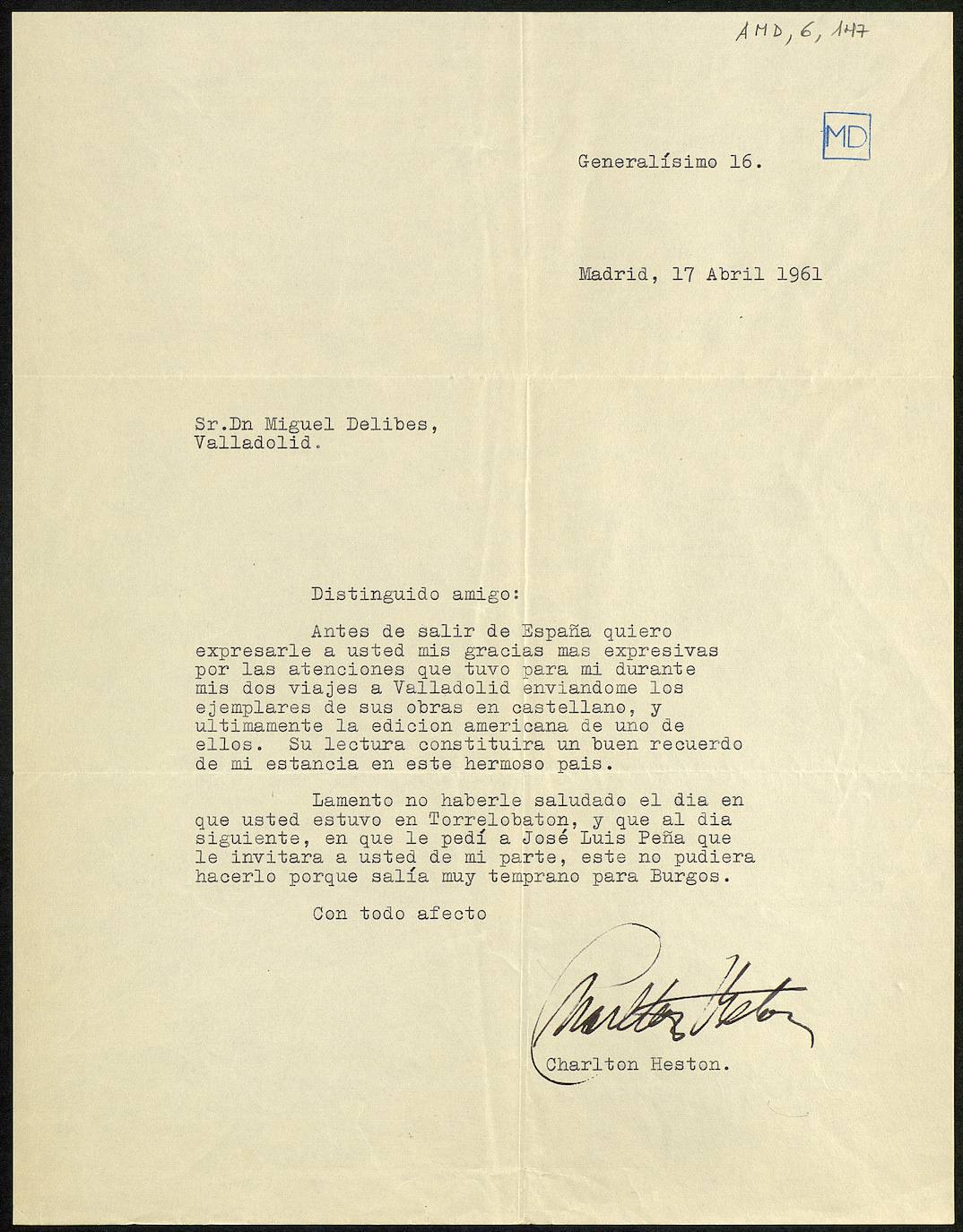 Carta de Charlton Heston a Miguel Delibes, agradeciendo el envío de libros durante su presencia en Torrelobatón con motivo del rodaje de 'EL Cid' (Anthony Man, 1961). 