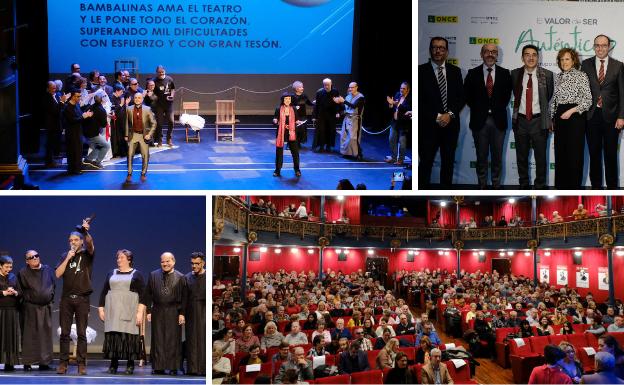 Algunos momentos de la gala de homenaje a Bambalinas en el Teatro Zorrilla y autoridades y responsables de la ONCE posan al inicio del acto.