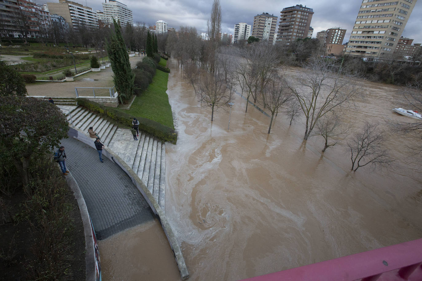 Durante este domingo el caudal fluvial del Pisuerga a su paso por Valladolid ha alcanzado los 1.190 metros cúbicos por segundo.