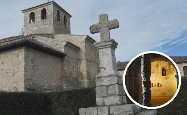 Exterior de la iglesia de Wamba y parte de la columna conocida como 'la palmera'. 