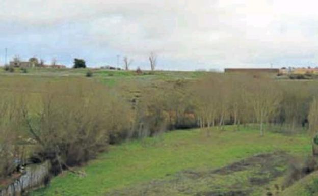 Zona de captación de agua y, al fondo, la granja de cerdos. 