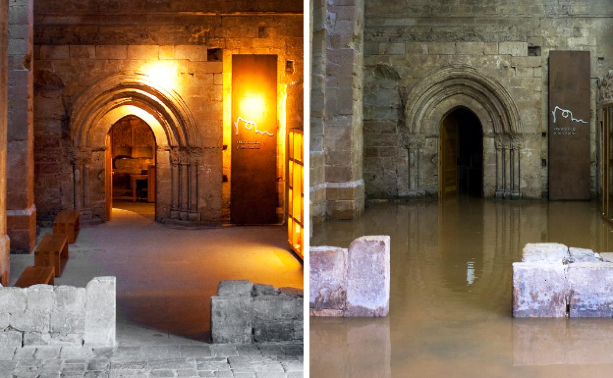 Una de las salas después de las labores de limpieza y la misma sala inundada. 