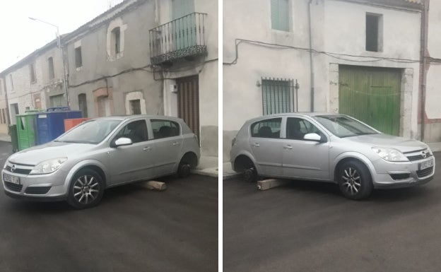 Los ladrones han colocado dos tocones para robar las ruedas.