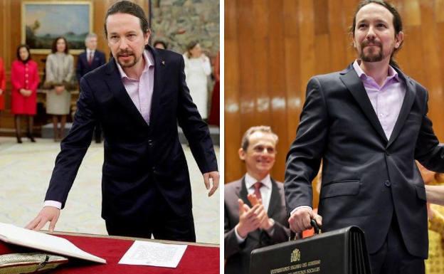 Pablo Iglesias en la toma de posesión y después, con la cartera ministerial.