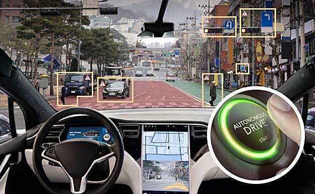 Simulación de un vehículo autónomo con identificación de señales, otros vehículos y peatones y botón de encendido