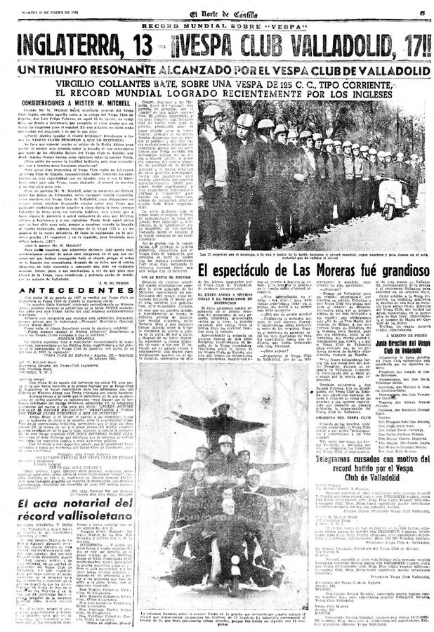 El domingo 19 de enero de 1958, veinte mil personas presenciaron la prueba que se celebró en el paseo alto de las Moreras | La prueba consistió en formar una barrera humana sobre una moto Vespa con diez y siete hombres abordo y así recorrer más de quinientos metros, batiendo el récord mundial que los ingleses habían establecido días antes | La 'Vespa' era conducida por Virgilio Collantes, el gran héroe del día