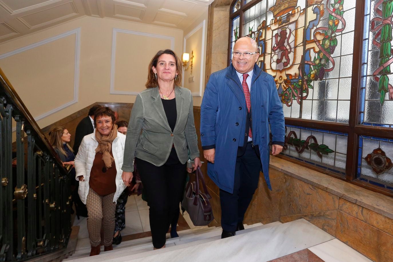 La ministra de Transición Ecológica y Reto Demográfico, Teresa Ribera, se reúne con el secretario general de CCOOCyL, Vicente Andrés; el secretario general de UGTCyL, Faustino Temprano; la delegada del Gobierno en Castilla y León, Mercedes Martín, y el subdelegado del Gobierno en León, Faustino Sánchez, para abordar la Mesa por un Futuro para León..