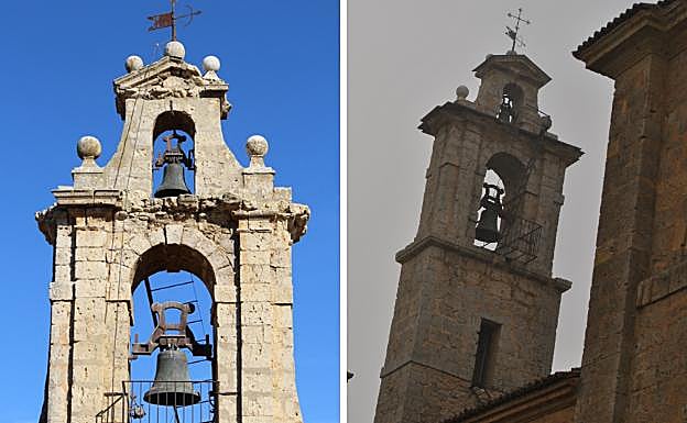 La espadaña de la Colegiata de San Luis de Villagarcía antes y después de la restauración. 