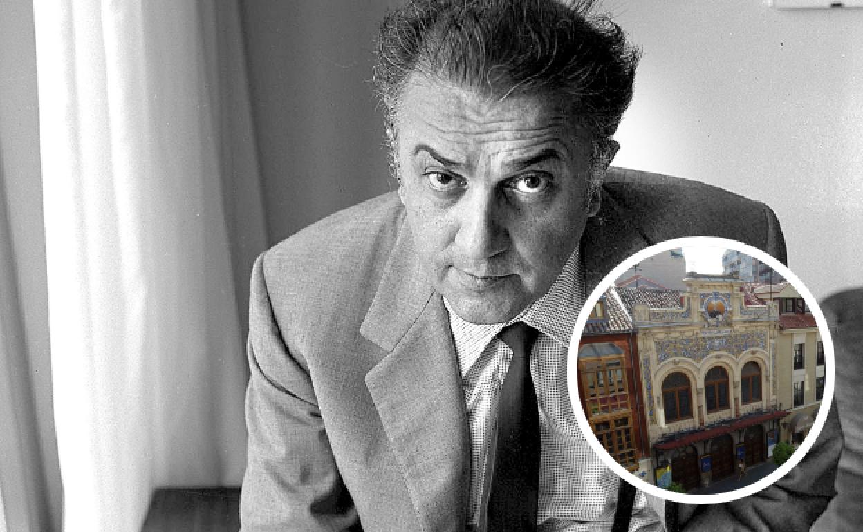 Federico Fellini y, en el círculo, el Teatro Lope de Vega.