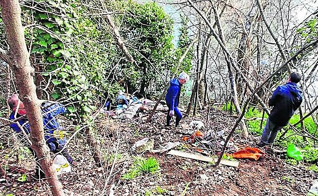 Los operarios limpian el entorno de la chabola de la ribera.