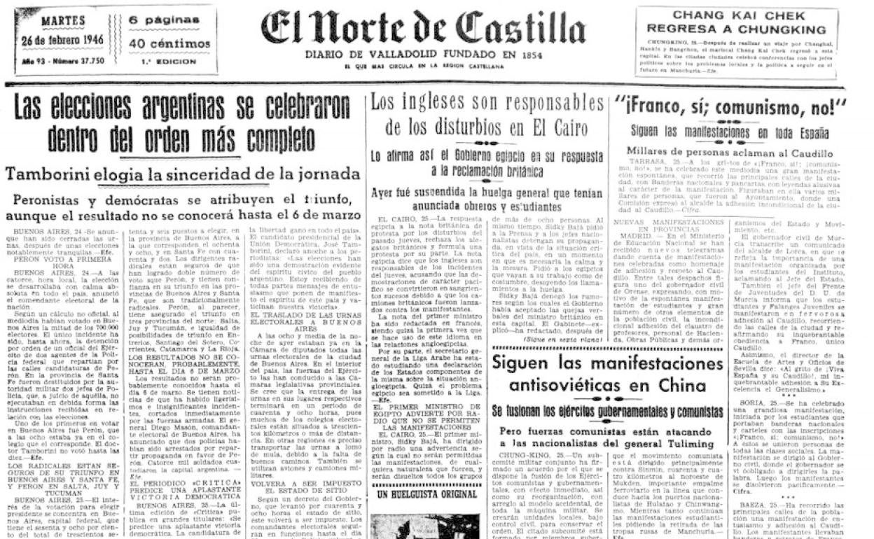 Parte inferior de la portada de El Norte de Castilla publicada el 26 de febrero de 1946