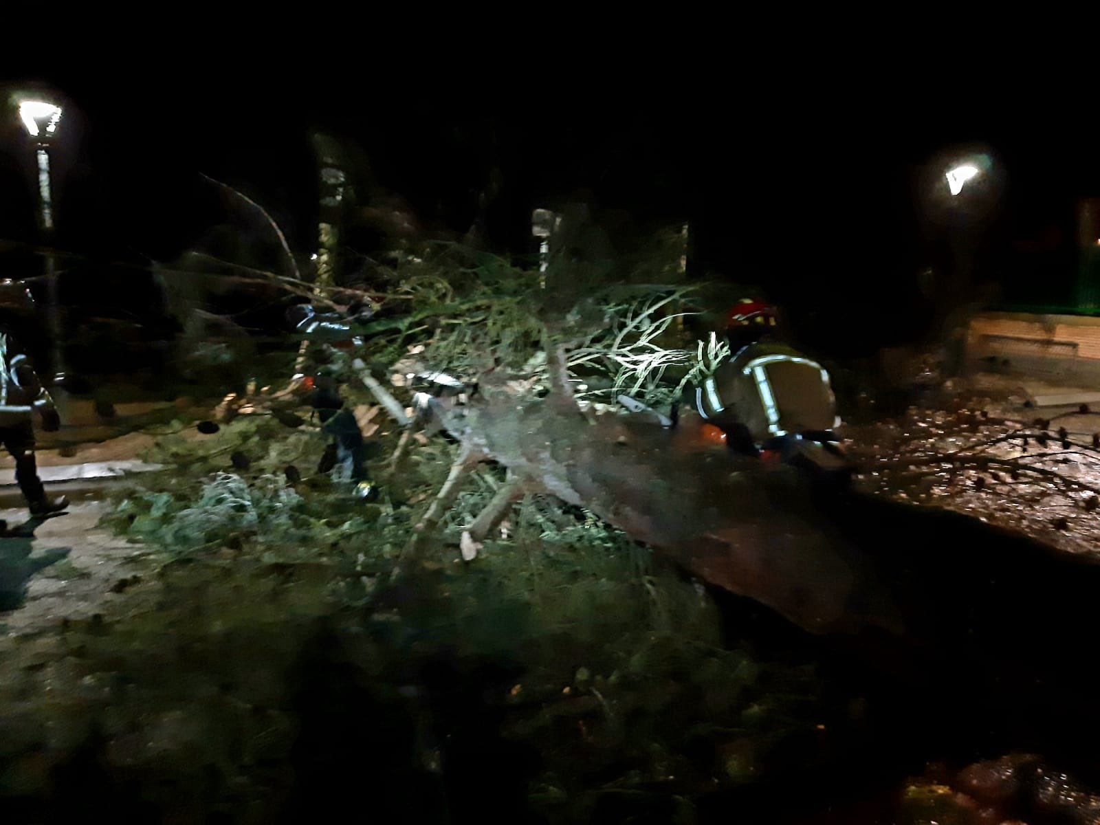 Imagen secundaria 1 - Los servicios de emergencias del 112 trabajan en la retirada de una antena parabóiica y un árbol en Boecillo (Valladolid).