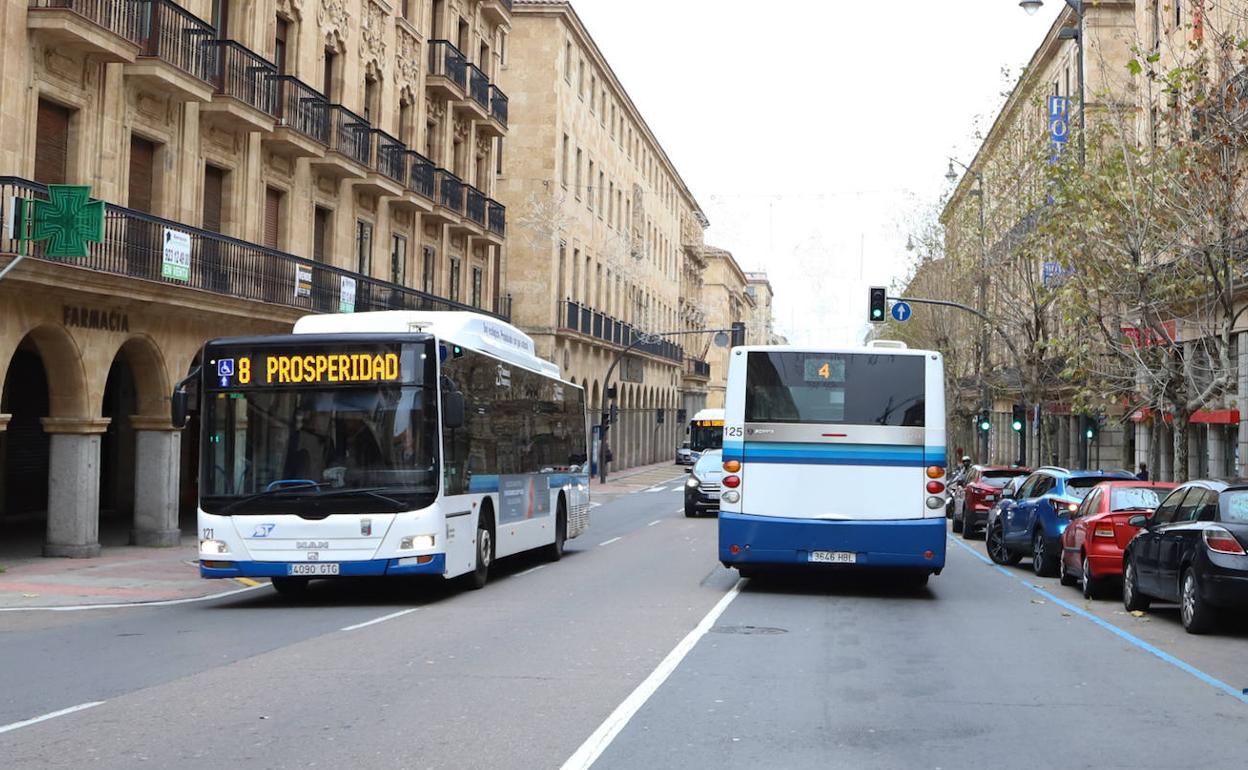 Dos autobuses urbanos en el centro de la capital.