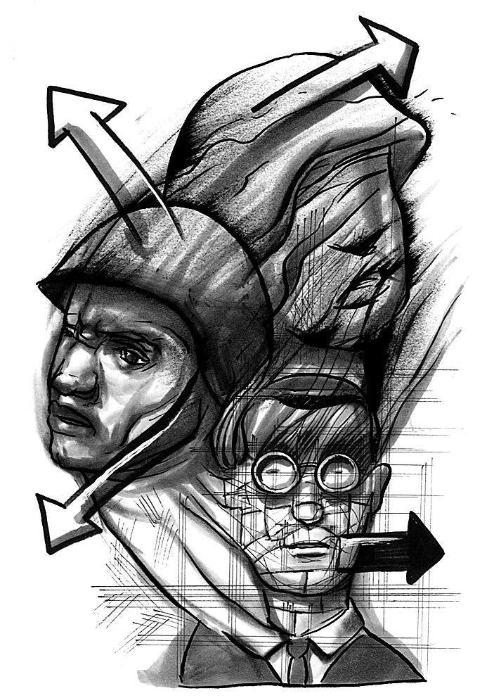 Varias cabezas, algunas con cascos, se superponen mientras unas flechas indican direcciones. 