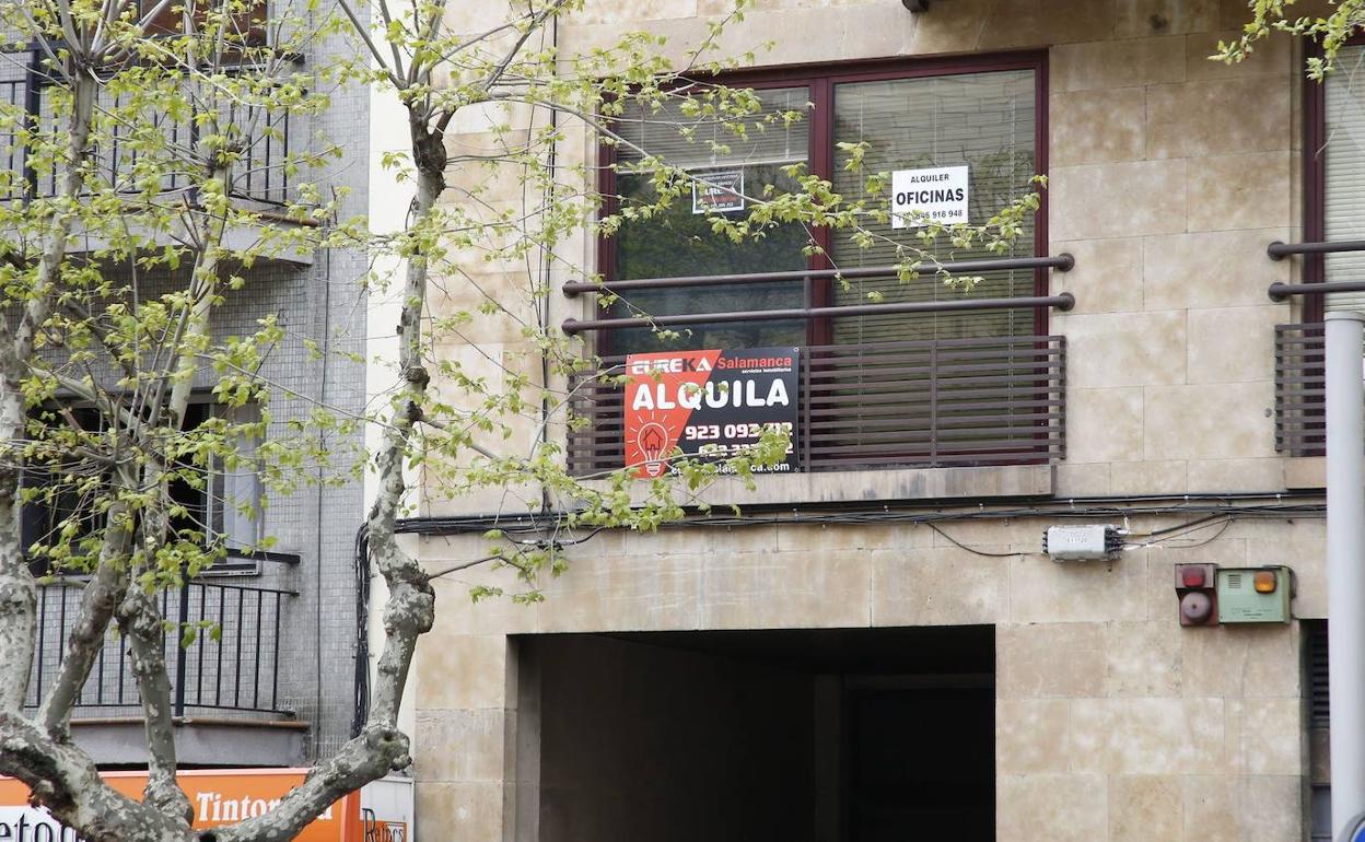 Cartel anunciador del alquiler de una vivienda en capital salmantina