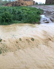 Imagen secundaria 2 - Granizo en los campos de Ataquines y en las calles de Velliza (debajo). A la derecha, un arroyo desbordado en Aguilar de Campos.