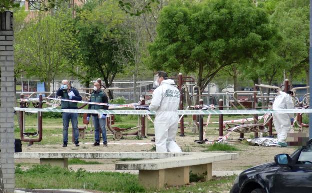 Imagen principal - Arriba, Los efectivos de Criminalística examinan el cuerpo de la víctima en el parque junto al polideportivo; a la derecha, un guardia recoge una prenda hallada en el lago y a la izquierda, traslado del cuerpo al Instituto de Medicina Legal.