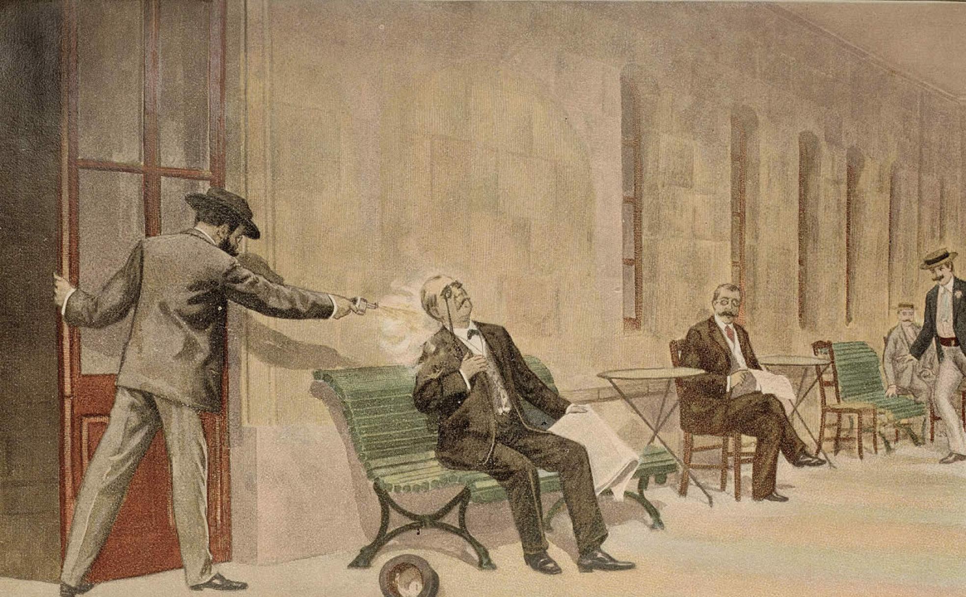 Recreación del asesinato del presidente Cánovas del Castillo en un libro de 1902.
