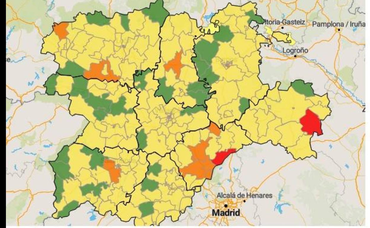 División por zonas básicas de salud de casos positivos a fecha de este miércoles, donde las áreas verdes indican que no ha habido enfermos en los últimos siete días. 