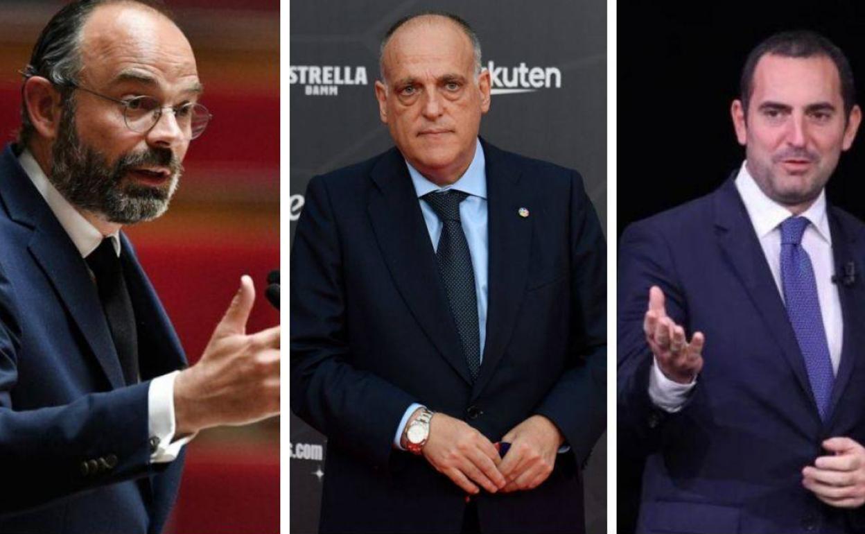 El primer ministro italiano Édouard Philippe, el ministro de Deportes italiano Vincenzo Spadadora y Javier Tebas, presidente de la LaLiga. 