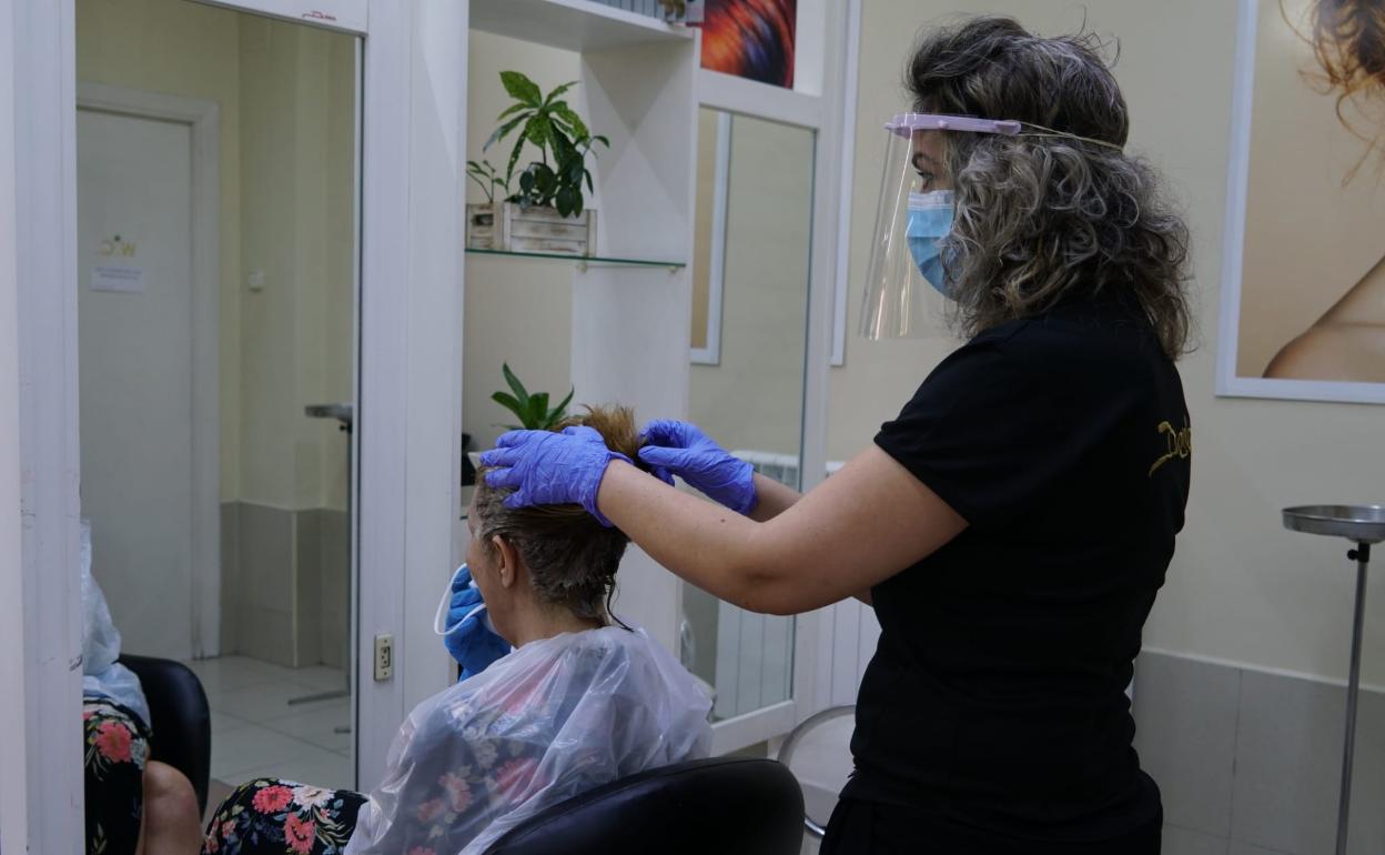 Una peluquera, con pantalla protectora y mascarilla, atiende a una clienta en un establecimiento de Salamanca.