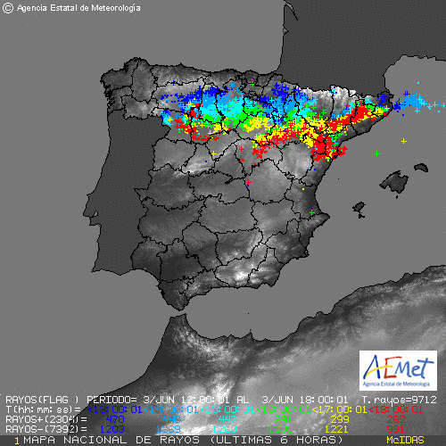 Estos son los rayos caídos a las ocho de la tarde de este miércoles. 