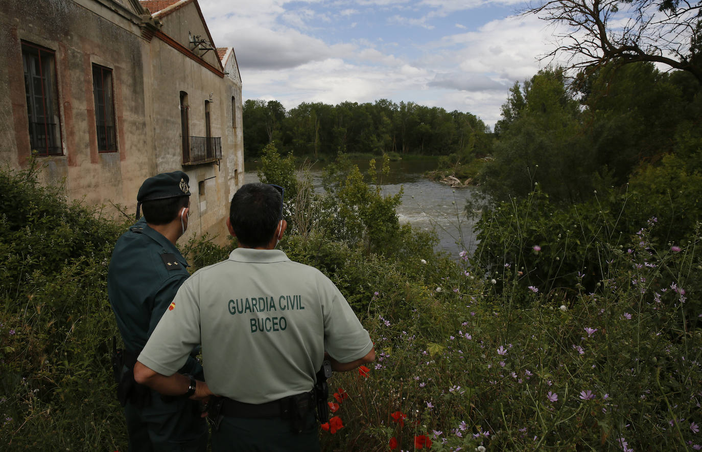 Agentes de la Guardia Civil rastrean desde ayer el río a la altura de Simancas en busca de un cocodrilo de gran tamaño. 