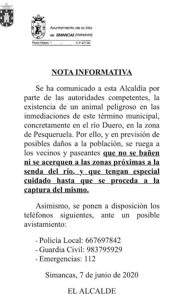 Nota informativa del Ayuntamiento de Simancas