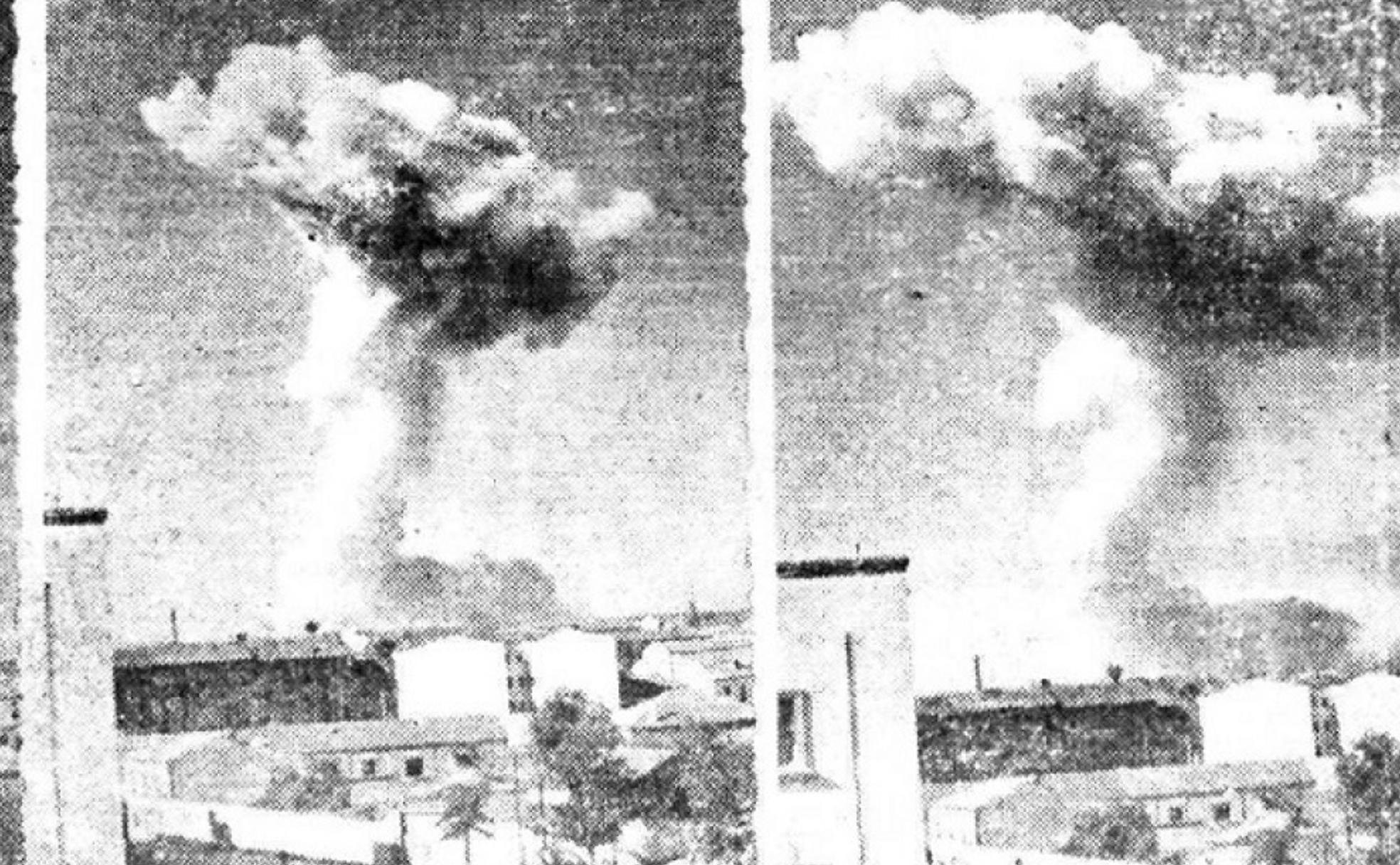 Detalle de la enorme 'seta' de humo provocada por la explosión del polvorín número 1 del Pinar de Antequera el 14 de junio de 1950. 