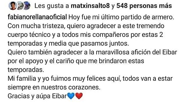 Texto firmado por Orellana en su cuenta de Instagram.